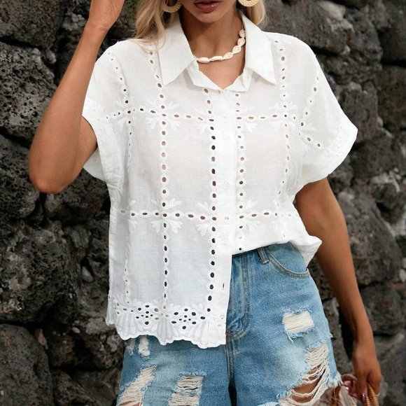 White Boho Womens Eyelet Embroidery Batwing Sleeve Button Front Shirt - Picture 3 of 5